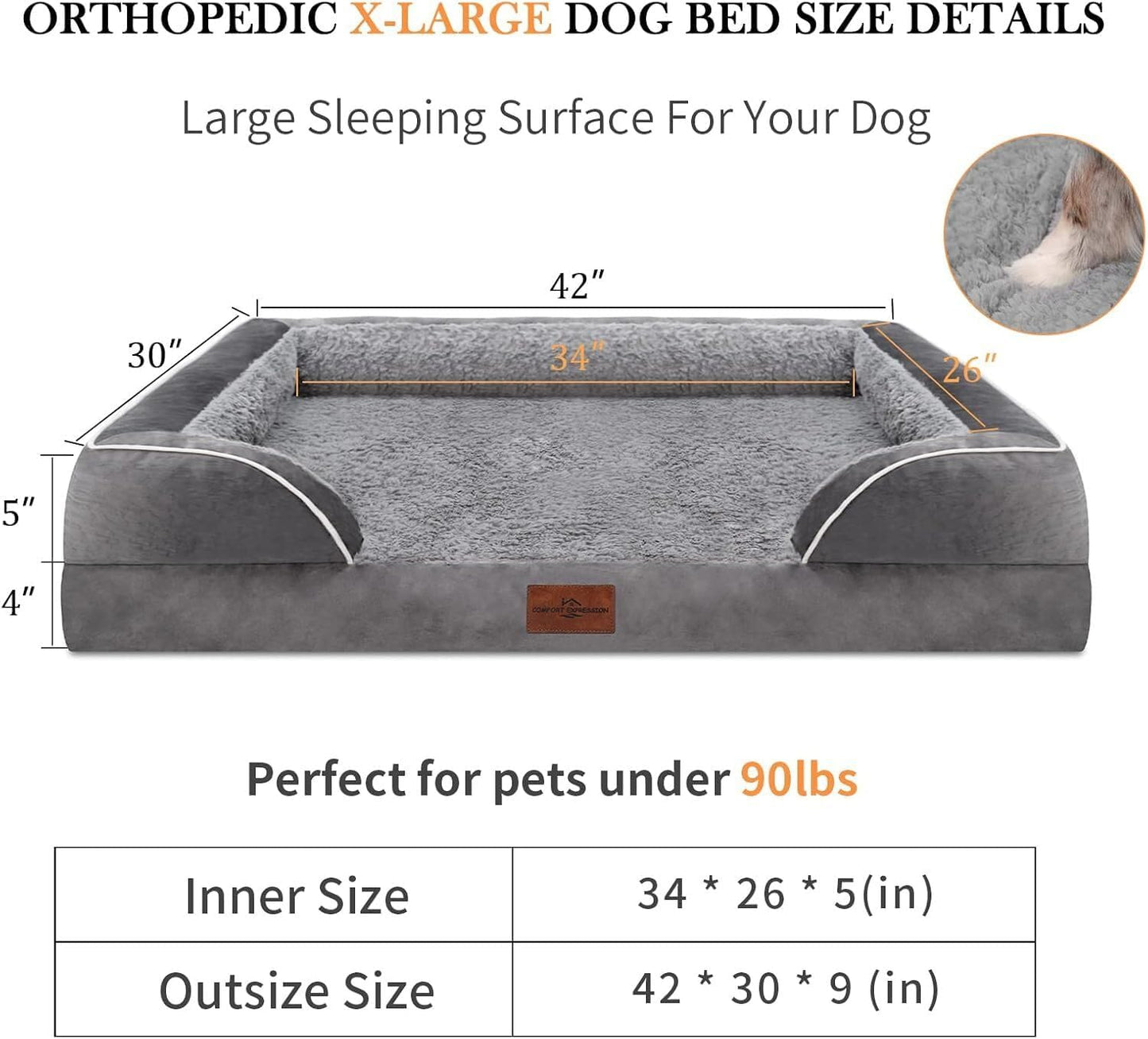 Waterproof Orthopedic Foam Dog Beds for Extra Large Dogs Durable Dog Sofa the Pet Bed Washable Removable Cover with Zipper and Non-Slip Bottom Bolster