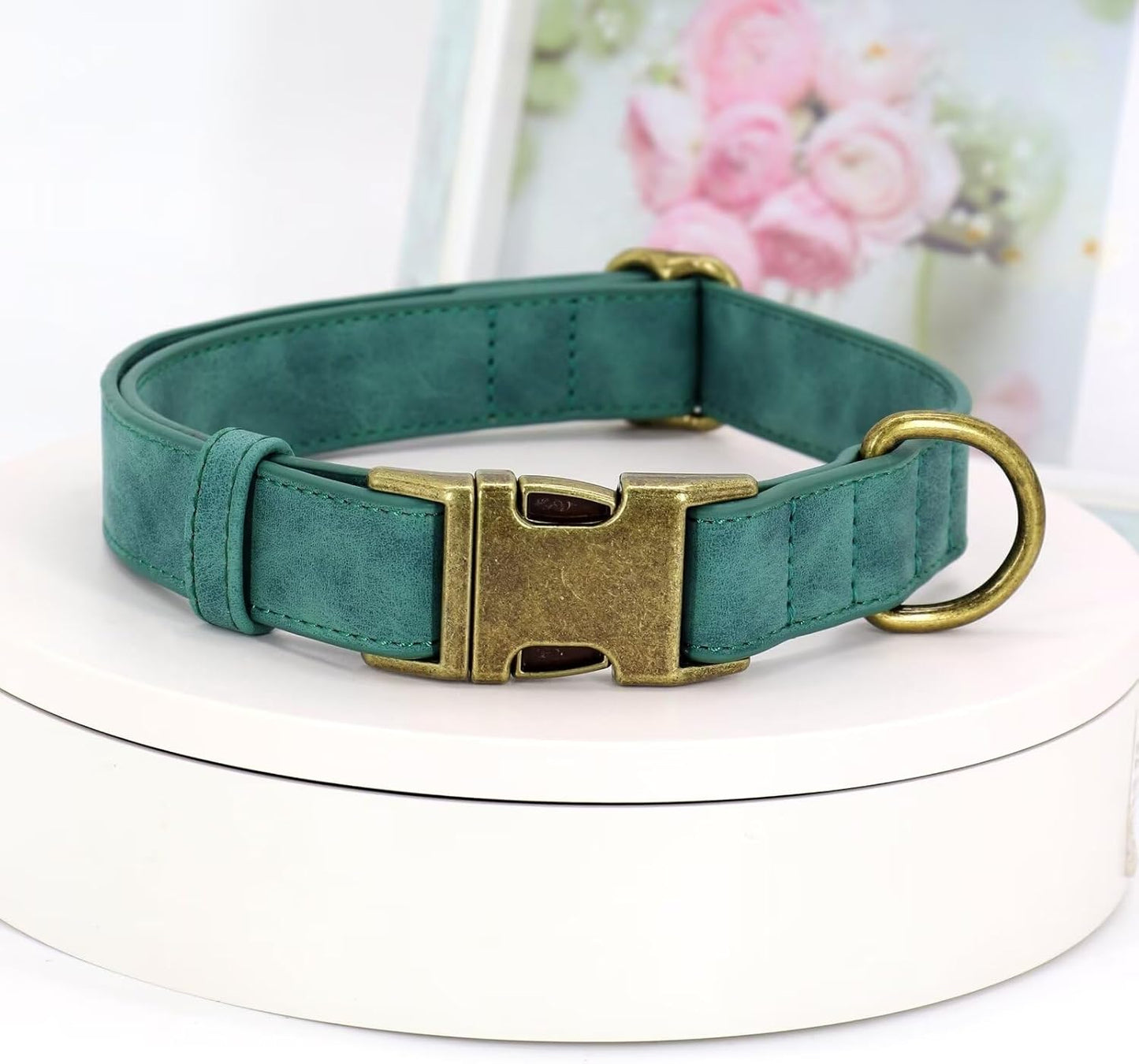 Soft Leather Dog Collar, Durable Heavy Duty Dog Collars with Quick Release Metal Buckle, Adjustable Pet Collar Faux Leather for Small Dogs, Green, S Fit 10-16" Neck
