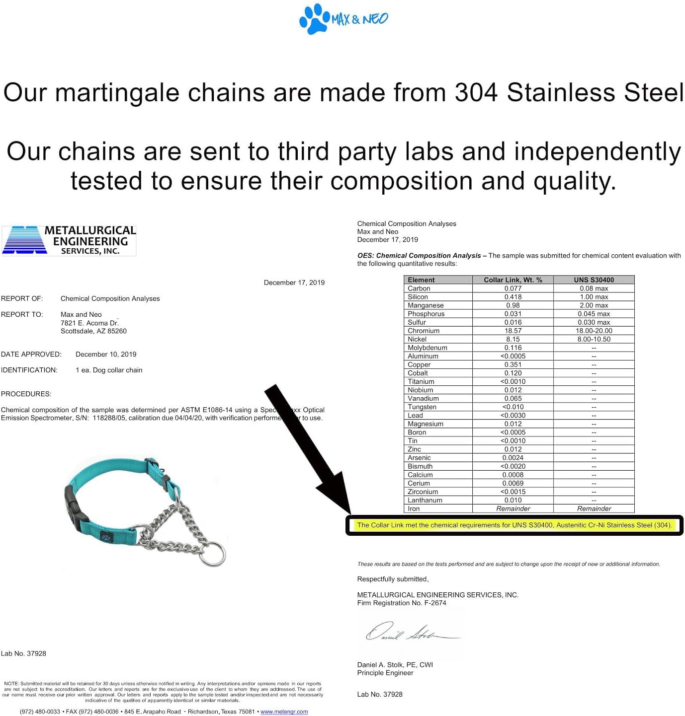 Stainless Steel Chain Martingale Collar - We Donate a Collar to a Dog Rescue for Every Collar Sold (Medium, Teal)