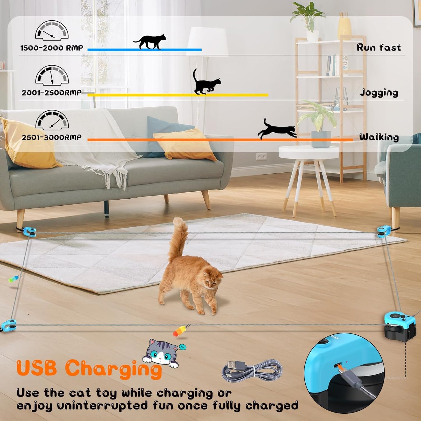Automatic Cat Treadmill with Remote Control, 3 Speeds, Quiet Motor & Durable Design | Indoor Chase Hunting Feather Toys for Fitness, Playtime & Energy Release (Blue)