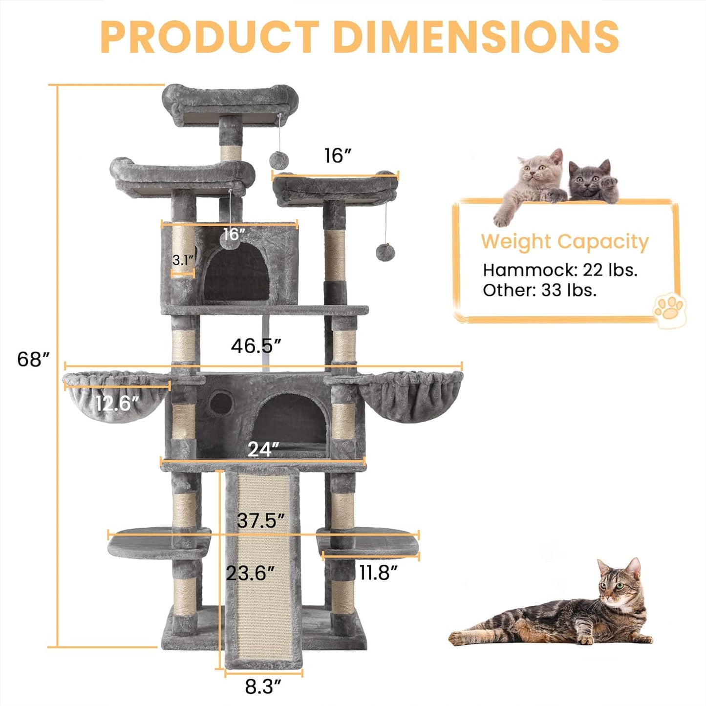 68 Inches Multi-Level Large Cat Tree for Large Kitties/Big Cat Tower with Condo/Cozy
