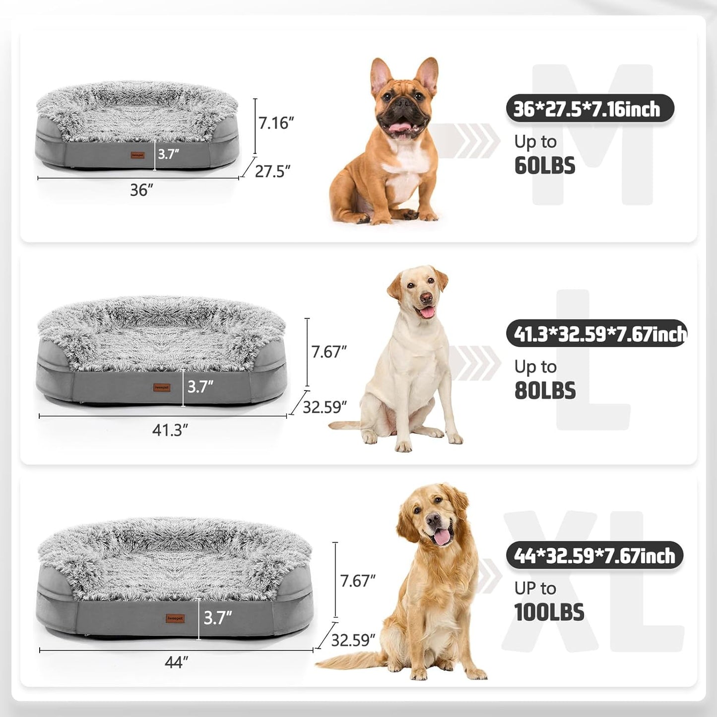 3.7 Inch Thickened Orthopedic Dog Beds for Extra Large Dogs, Supportive Dog Sofa Bed with 28D Egg-Crate Foam, Removable Washable Cover, Waterproof Lining, Half-Round Design for Puppy,Senior,Sick