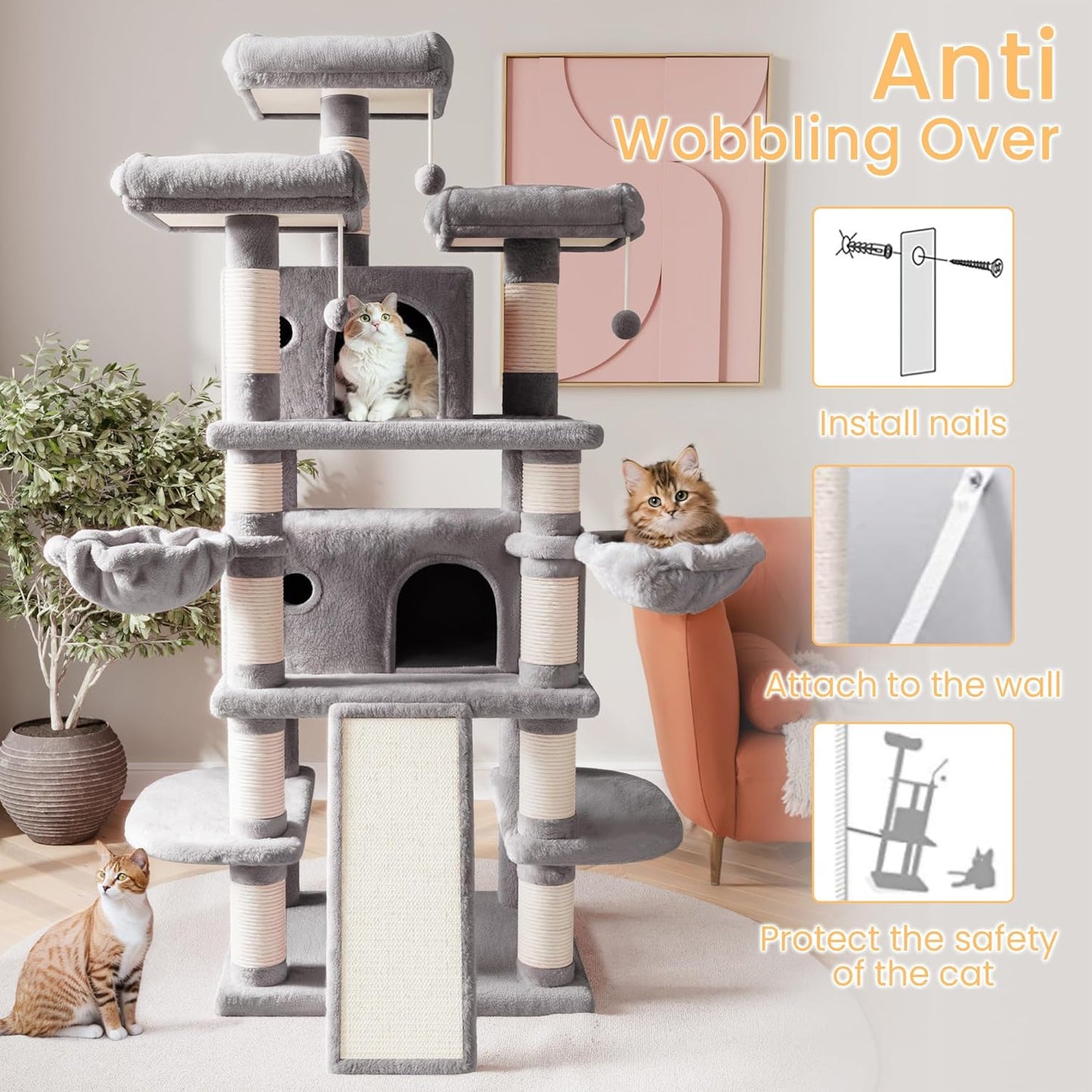 68 Inches Multi-Level Large Cat Tree for Large Kitties/Big Cat Tower with Condo/Cozy