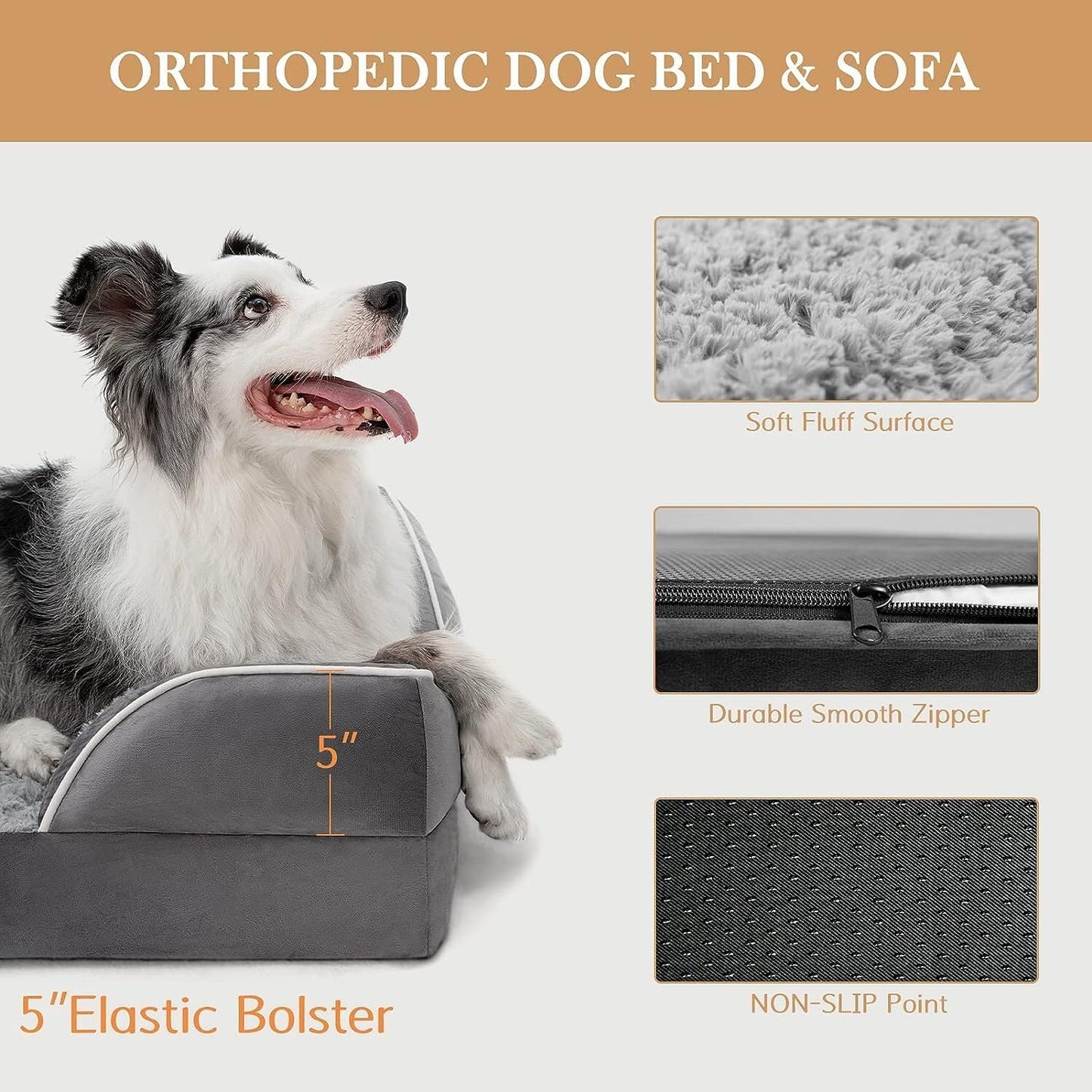 Waterproof Orthopedic Foam Dog Beds for Extra Large Dogs Durable Dog Sofa the Pet Bed Washable Removable Cover with Zipper and Non-Slip Bottom Bolster