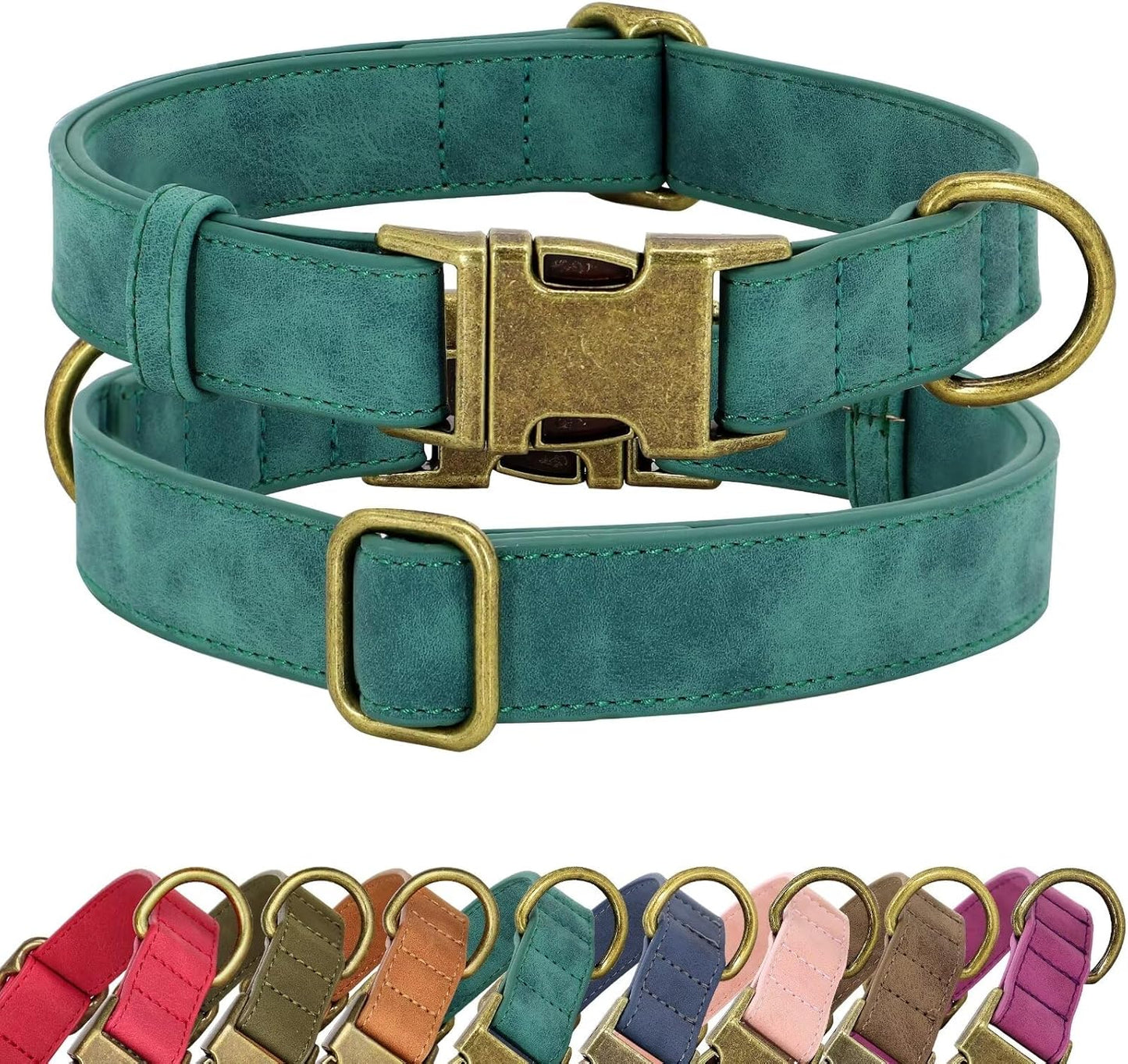 Soft Leather Dog Collar, Durable Heavy Duty Dog Collars with Quick Release Metal Buckle, Adjustable Pet Collar Faux Leather for Small Dogs, Green, S Fit 10-16" Neck