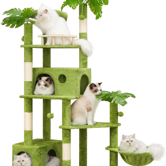 77In Cat Tree with Leaves for Indoor Cats Large Adult,Tall Cat Tower with Scratching Post, Large Cat Tree with Two Cat Condos, Soft Hammocks, Padded Perches for Heavy Duty Big Cats, Green