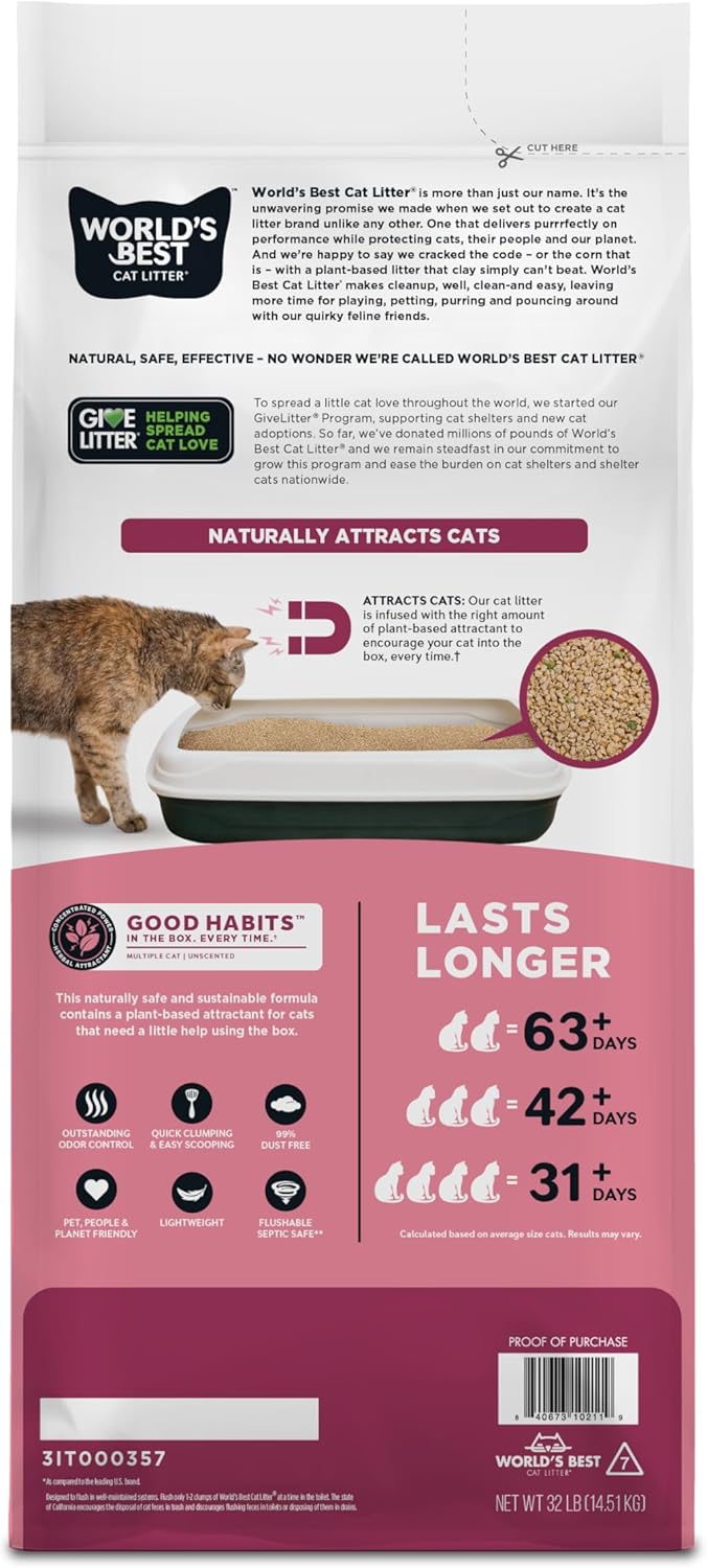 Good Habits Cat Attract Litter | Natural Plant-Based Attractant | Multicat Flushable Corn Litter | Unscented Odor Control | Low Tracking & Lightweight | Made in USA 32Lb Bag
