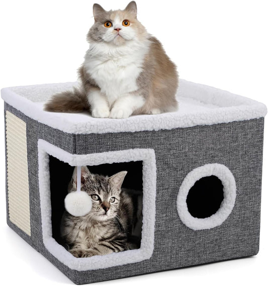Large Cat Cave with Cozy Condo, Fluffy Hanging Ball, round Window, Foldable Indoor Cat House Hold up to 30LBS, Cat Hideaway with Double-Sided Soft Cushions for All Seasons