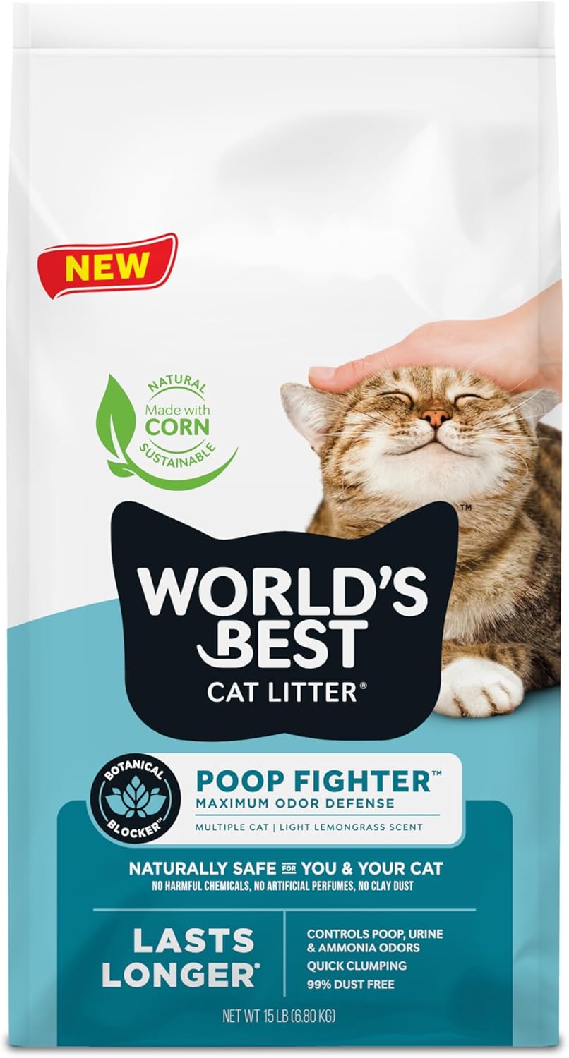 Poop Fighter Maximum Odor Defense, 15-Pounds - Natural Ingredients, Quick Clumping, Flushable, 99% Dust Free & Made in USA - Long-Lasting Odor Control & Easy Scooping