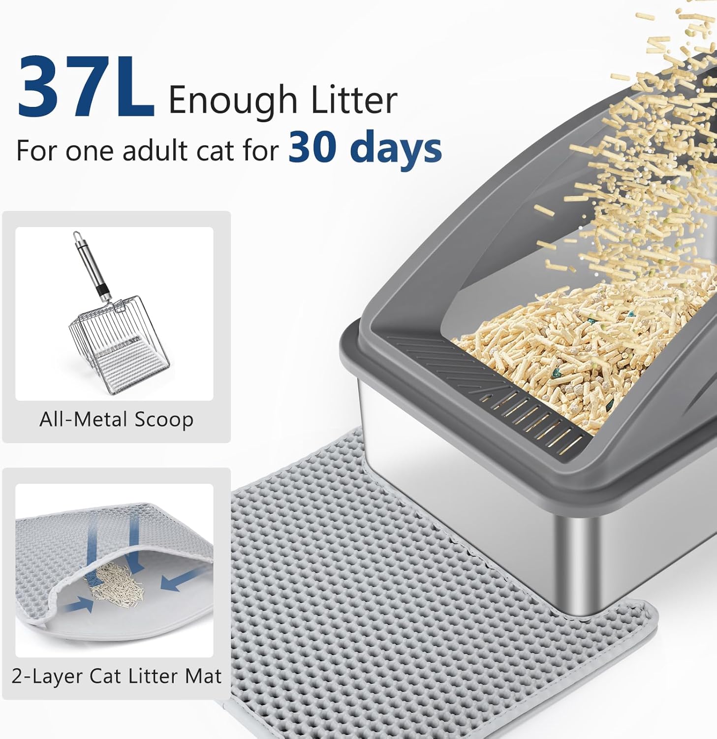 Stainless Steel Cat Litter Box, Extra Large Litter Boxes for Big Cats, XL Metal Cat Litter Box with Lid, Anti-Urine Leakage, Non-Sticky, Include Cat Mat and Litter Scoop