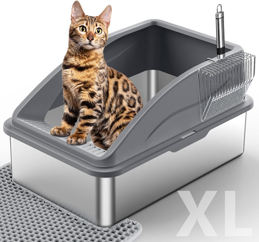 Stainless Steel Cat Litter Box, Extra Large Litter Boxes for Big Cats, XL Metal Cat Litter Box with Lid, Anti-Urine Leakage, Non-Sticky, Include Cat Mat and Litter Scoop