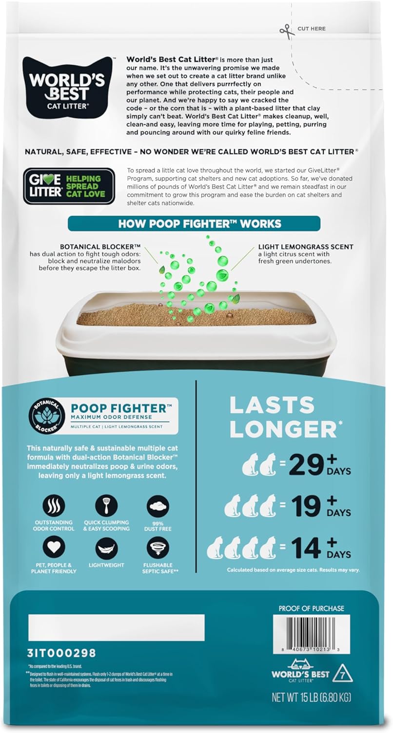Poop Fighter Maximum Odor Defense, 15-Pounds - Natural Ingredients, Quick Clumping, Flushable, 99% Dust Free & Made in USA - Long-Lasting Odor Control & Easy Scooping