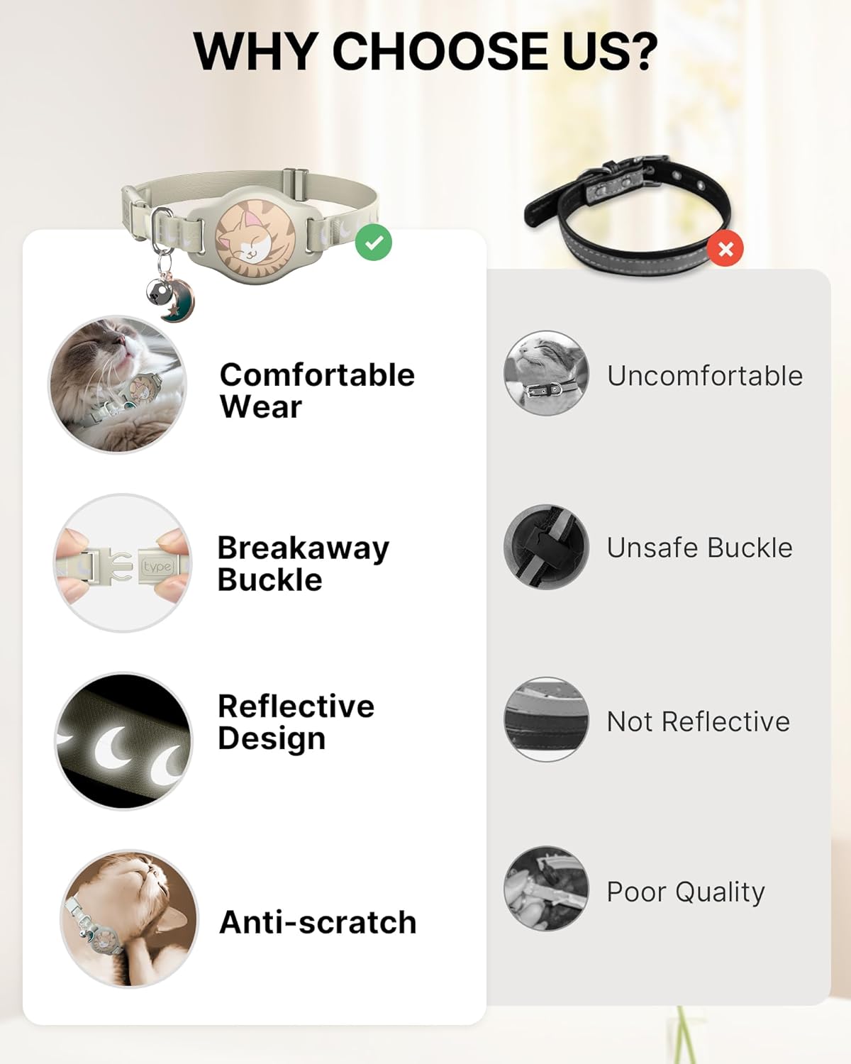 Cat Collar with Airtag Holder, Breakaway Airtag Cat Collar for Apple Air Tag with Luminous & Reflective Pattern, Waterproof GPS Cat Tracker Collars for Boy Girl Cats Kittens with Bell, Khaki (8-12")