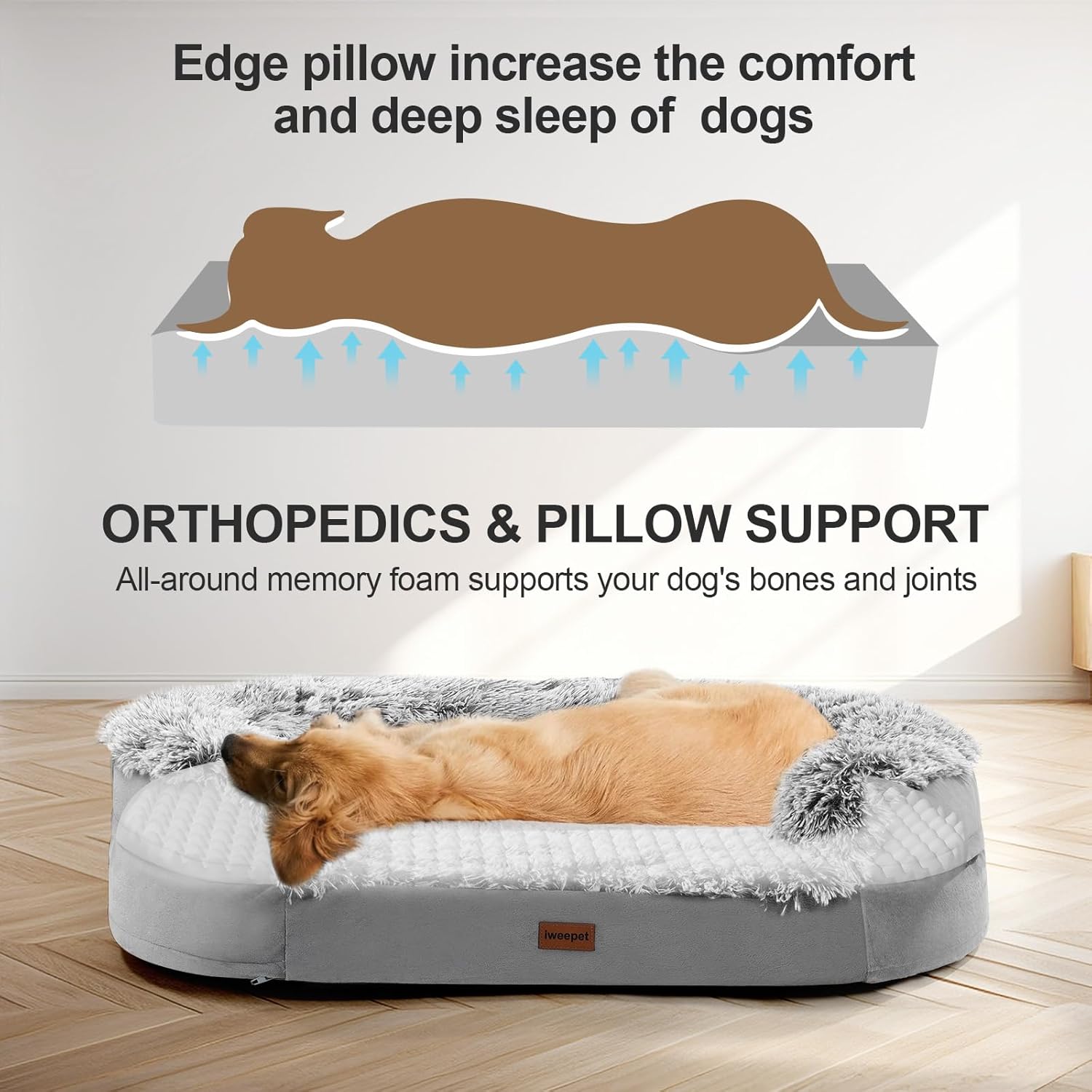 3.7 Inch Thickened Orthopedic Dog Beds for Extra Large Dogs, Supportive Dog Sofa Bed with 28D Egg-Crate Foam, Removable Washable Cover, Waterproof Lining, Half-Round Design for Puppy,Senior,Sick