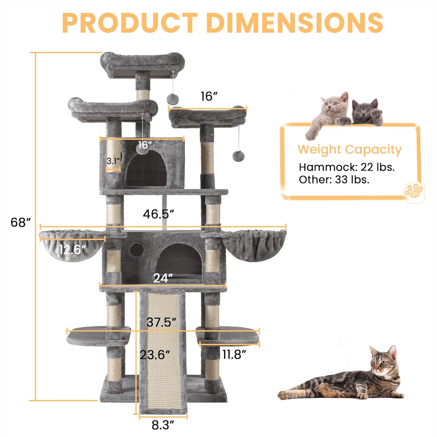 68 Inches Multi-Level Large Cat Tree for Large Kitties/Big Cat Tower with Condo/Cozy 