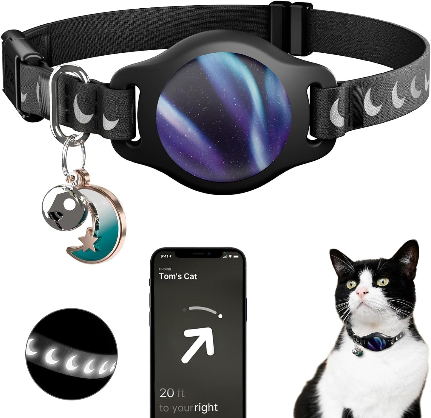 Cat Collar with Airtag Holder, Breakaway Airtag Cat Collar for Apple Air Tag with Luminous & Reflective Pattern, Waterproof GPS Cat Tracker Collars for Boy Girl Cats Kittens with Bell, Khaki (8-12")
