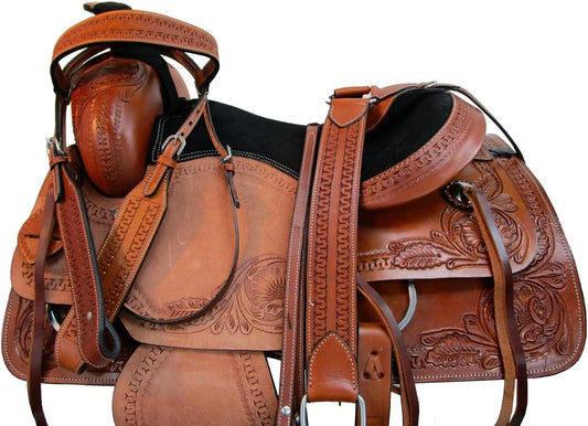 Western Trail Saddle Horse Pleasure Comfortable Ride Tooled Leather Rodeo Cowboy Saddles 15 16 17 18 FQHB