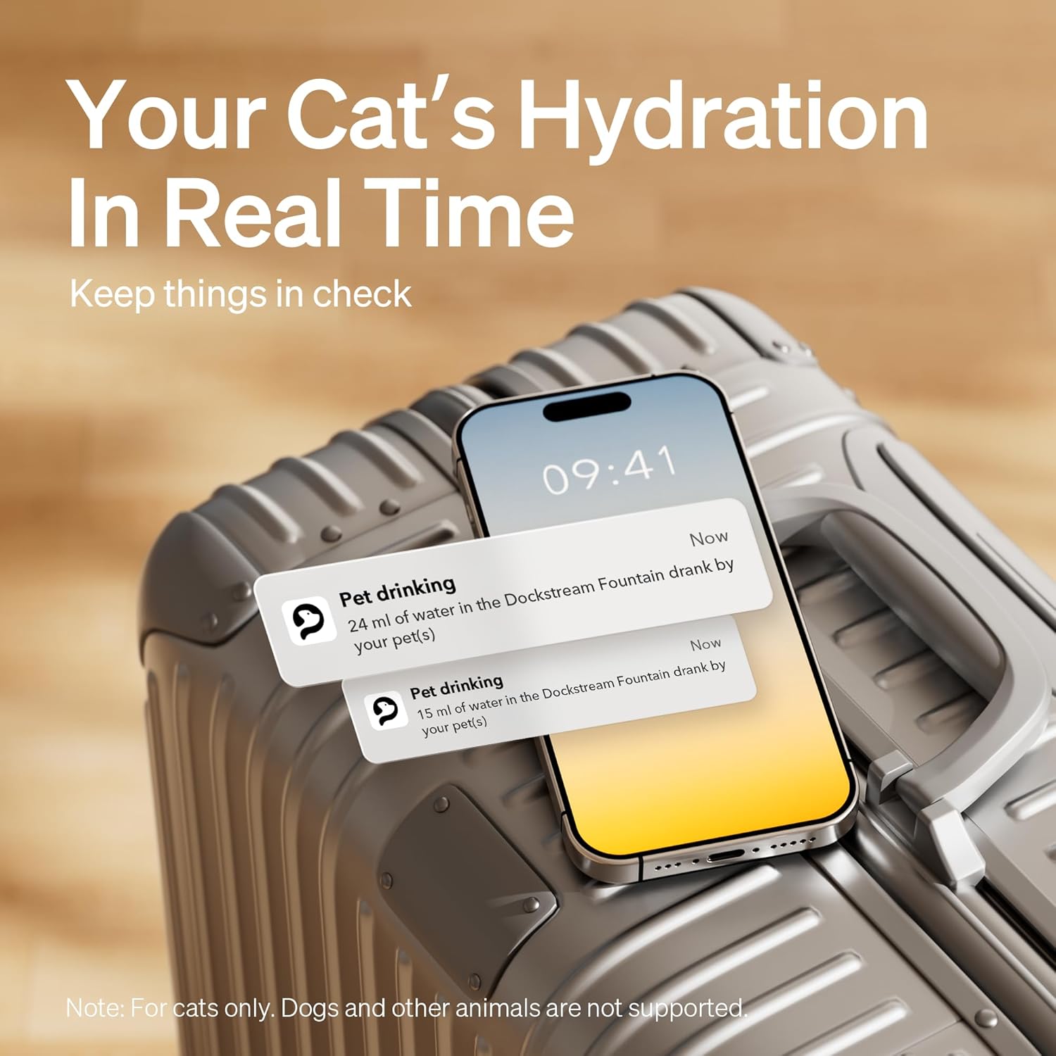 Cat Water Fountain, App Monitoring Pet Fountains for Cats Indoor with Stainless Steel Tray, 2.5L/84Oz Dockstream Automatic Water Dispenser for Drinking, 2.4G Wi-Fi Smart Bowl Inside
