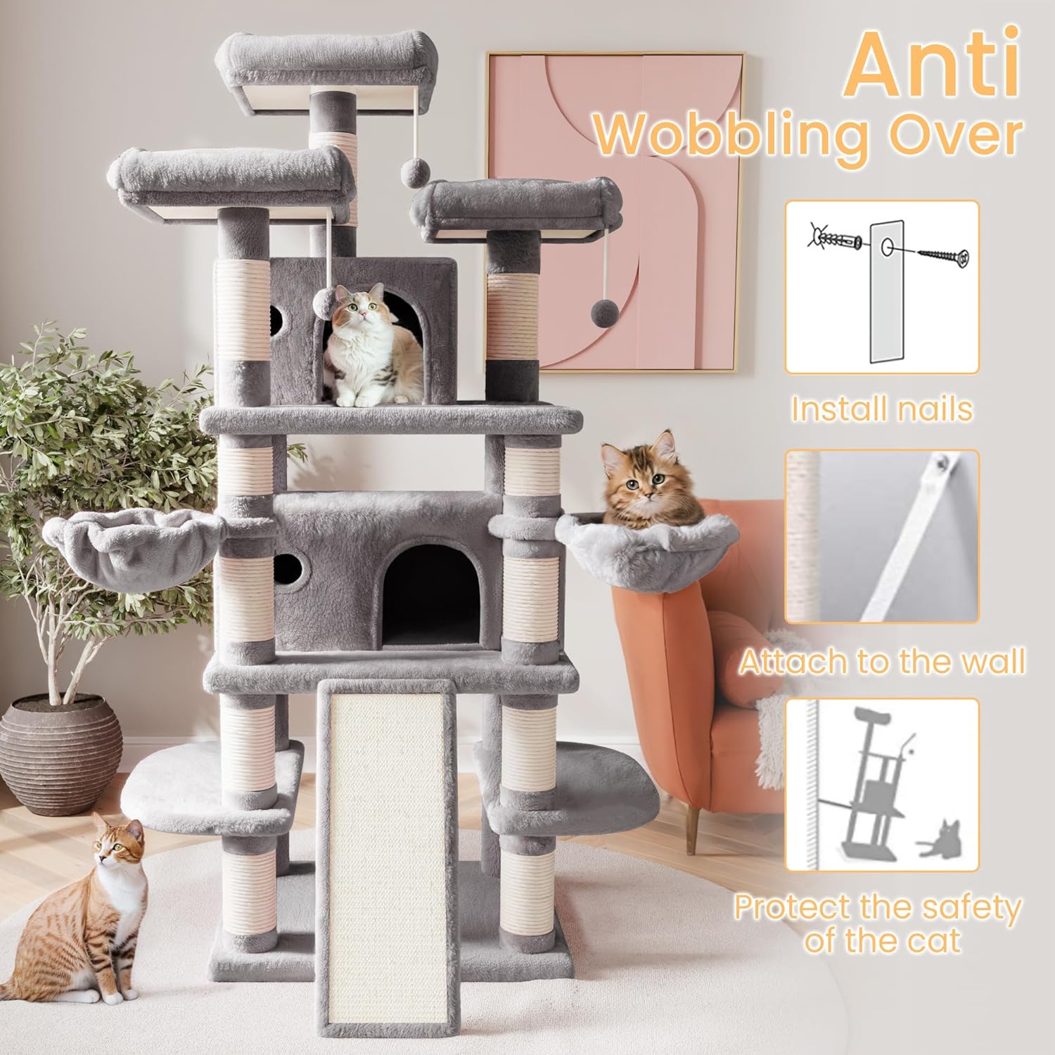 68 Inches Multi-Level Large Cat Tree for Large Kitties/Big Cat Tower with Condo/Cozy 