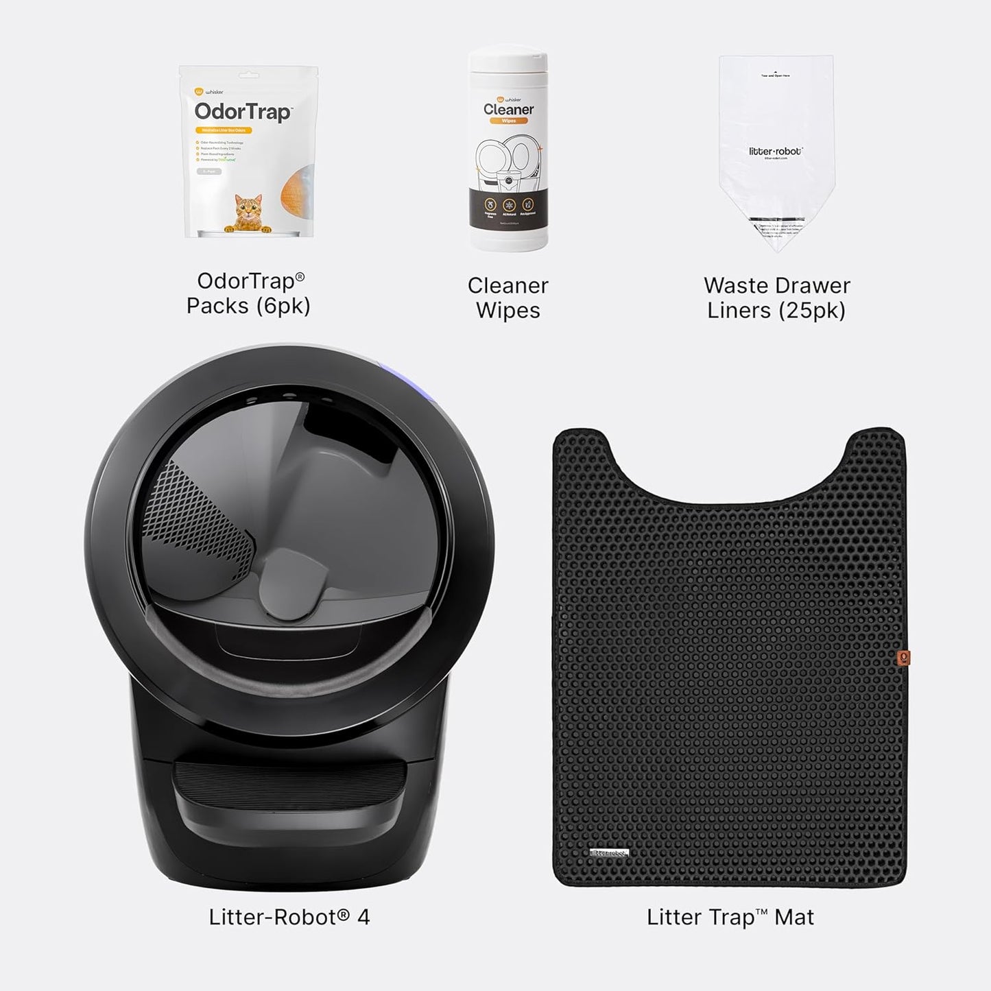 Litter-Robot 4 Core Bundle by , Black - Automatic, Self-Cleaning Cat Litter Box, Includes Litter-Robot 4, 6 Odortrap Refills, 25 Liners, 30 Cleaner Wipes, Mat & Fence