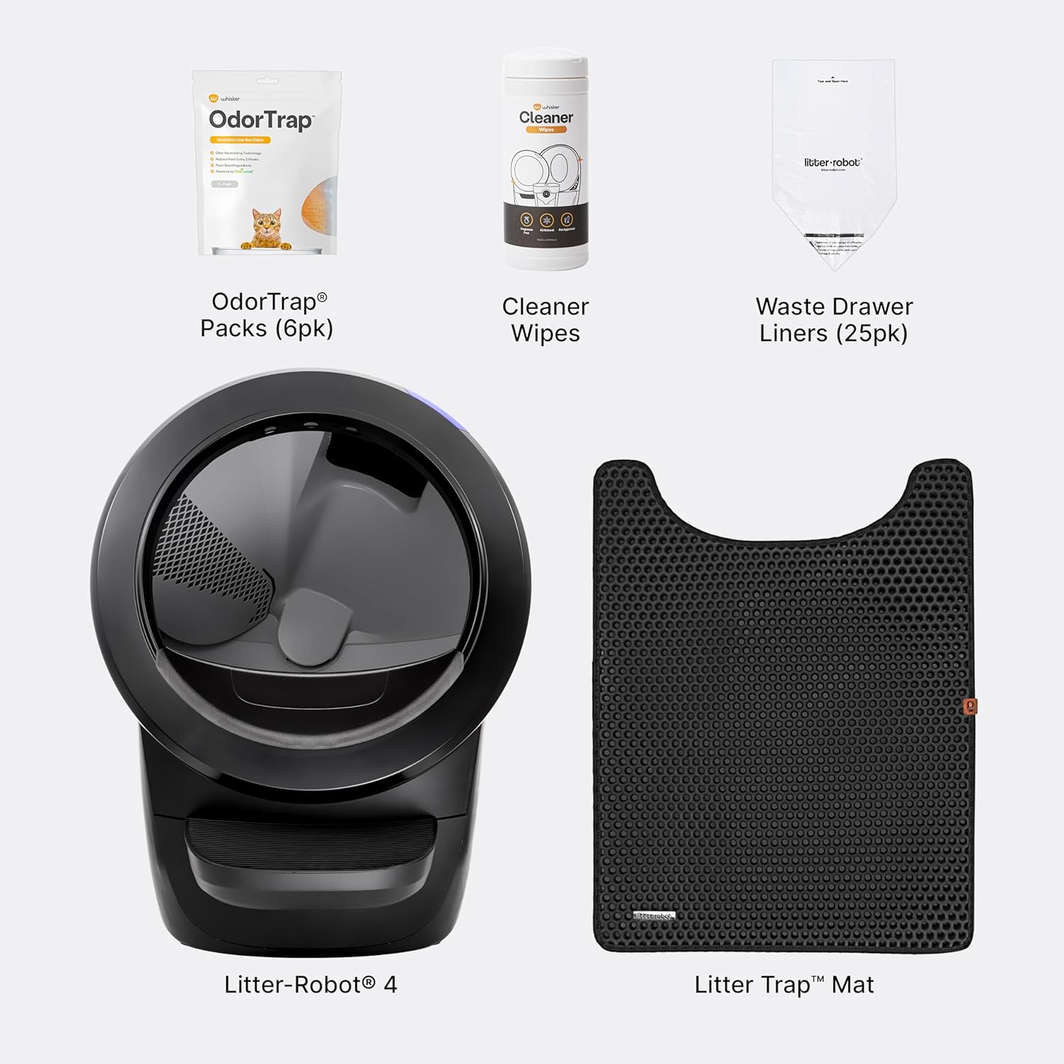 Litter-Robot 4 Core Bundle by , Black - Automatic, Self-Cleaning Cat Litter Box, Includes Litter-Robot 4, 6 Odortrap Refills, 25 Liners, 30 Cleaner Wipes, Mat & Fence