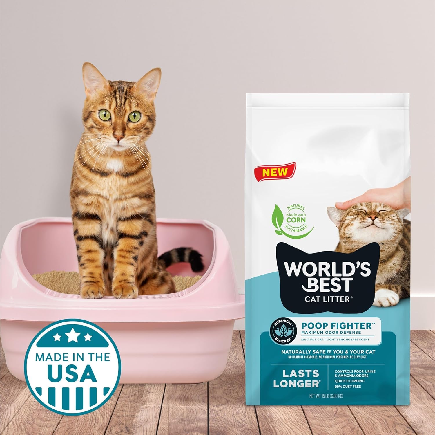 Poop Fighter Maximum Odor Defense, 15-Pounds - Natural Ingredients, Quick Clumping, Flushable, 99% Dust Free & Made in USA - Long-Lasting Odor Control & Easy Scooping