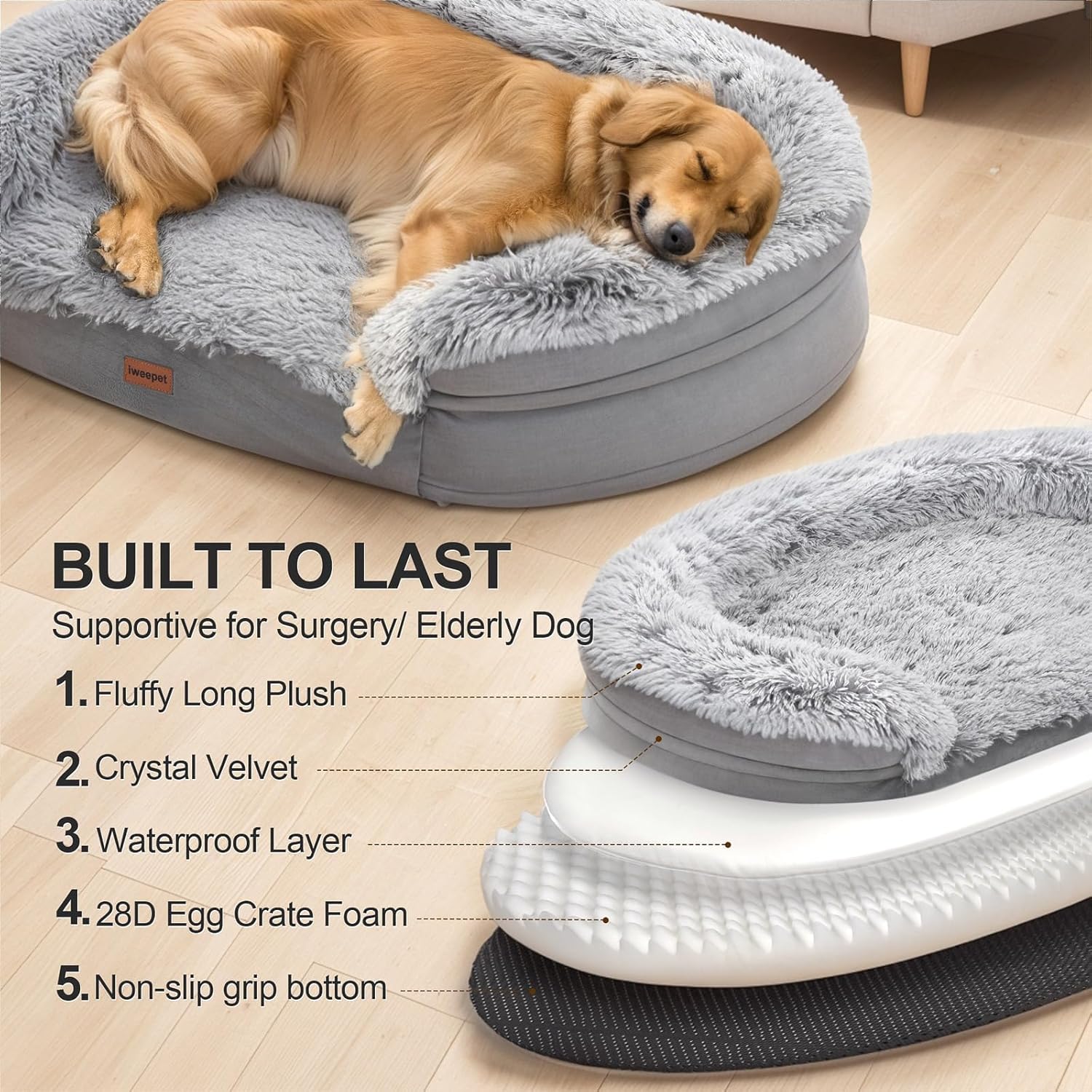 3.7 Inch Thickened Orthopedic Dog Beds for Extra Large Dogs, Supportive Dog Sofa Bed with 28D Egg-Crate Foam, Removable Washable Cover, Waterproof Lining, Half-Round Design for Puppy,Senior,Sick