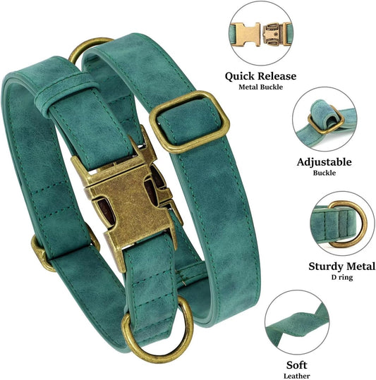 Soft Leather Dog Collar, Durable Heavy Duty Dog Collars with Quick Release Metal Buckle, Adjustable Pet Collar Faux Leather for Small Dogs, Green, S Fit 10-16" Neck