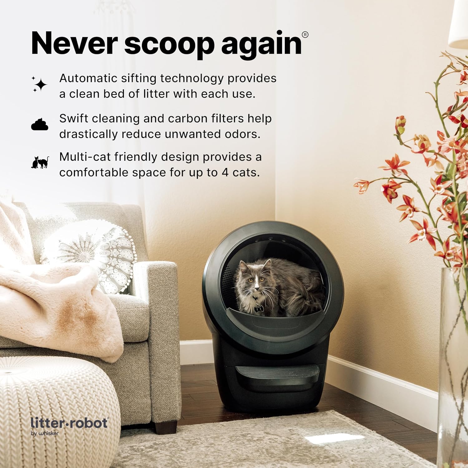 Litter-Robot 4 Core Bundle by , Black - Automatic, Self-Cleaning Cat Litter Box, Includes Litter-Robot 4, 6 Odortrap Refills, 25 Liners, 30 Cleaner Wipes, Mat & Fence