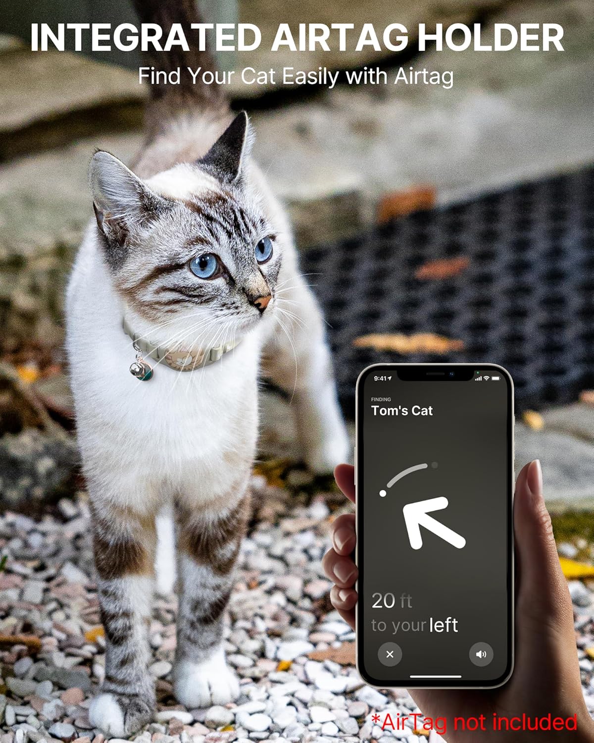 Cat Collar with Airtag Holder, Breakaway Airtag Cat Collar for Apple Air Tag with Luminous & Reflective Pattern, Waterproof GPS Cat Tracker Collars for Boy Girl Cats Kittens with Bell, Khaki (8-12")